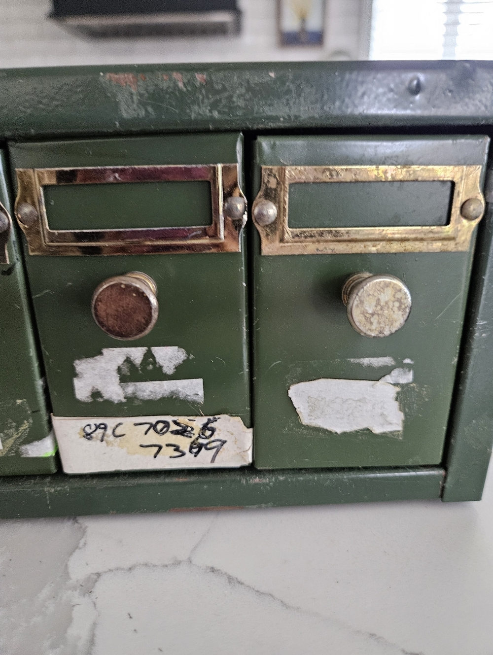 Vintage Green Metal Microscope Slide File Drawer - Olive Green Brass Knobs - Picture 2 of 9